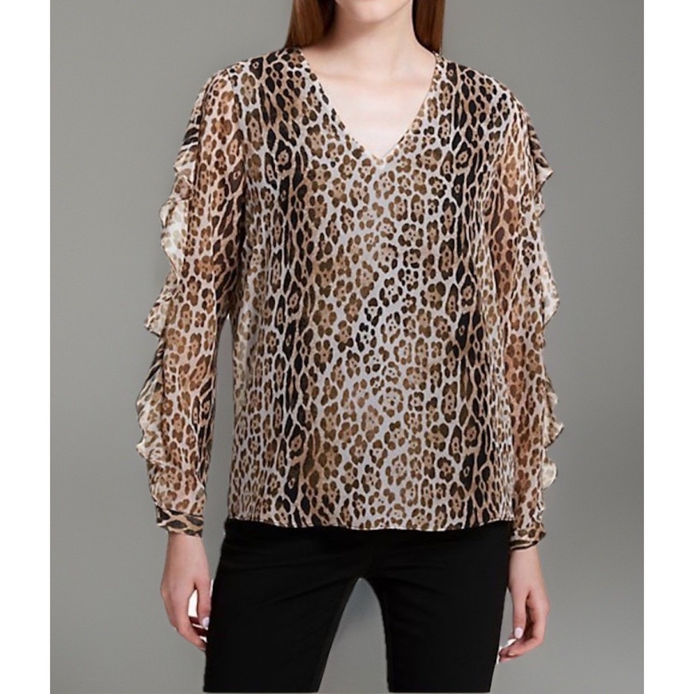 NWT Calvin Klein Animal Print Leopard V Neck Ruffle Sleeve Blouse Sheer Womens M